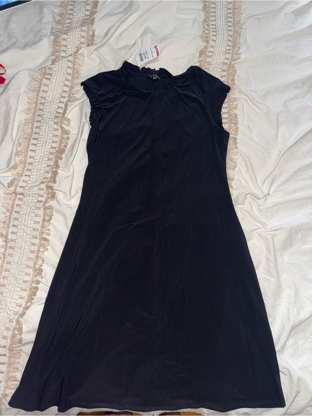 Women's Black Sleeveless Midi Dress with Ruffle Neckline